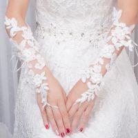 ✌▥ Pretty White Short Pearls Elbow Length Fingerless Bridal Gloves for Women Bride Lace Gloves Wedding Accessories