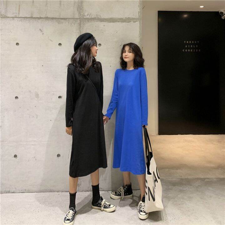 womens-long-dress-candy-color-dress-medium-length-knee-length-long-sleeve-straight-dress-solid-color-stitching-thin-bottomed-t-shirt-dress