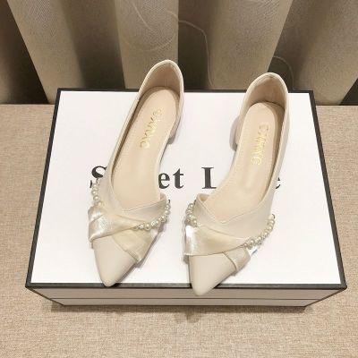New Pearl Knot Pointed-Toe Soft Bottom French Pumps Womens Korean-Style All-Match Low-Cut Flat Shoes