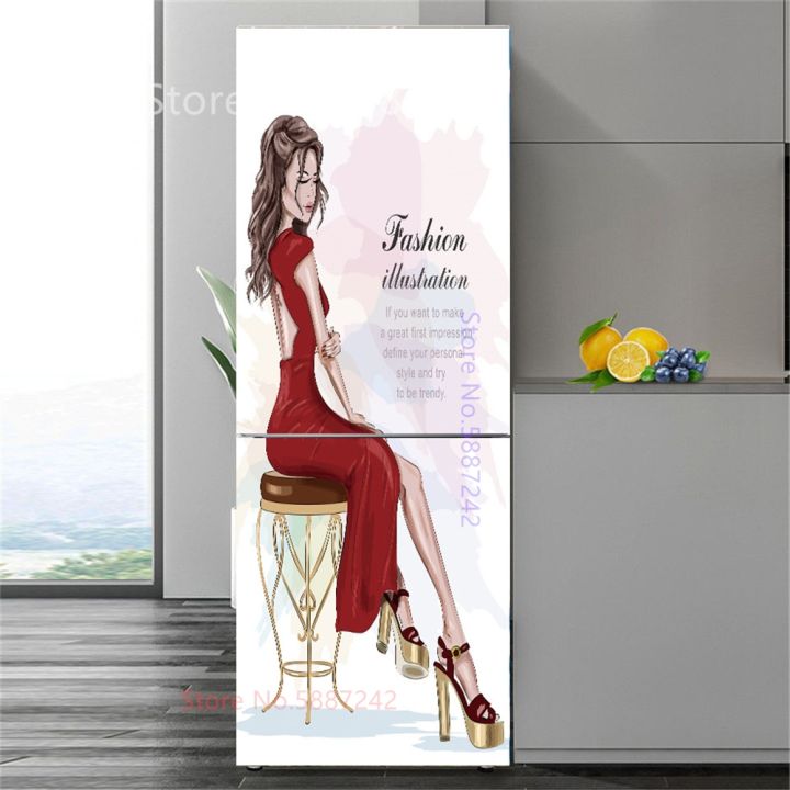 cw-watercolor-woman-fridge-stickers-tiger-refrigerator-sticker-self-adhesive-wallpaper-door-cover-film-decoration