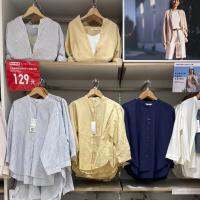 UNIQLO เสื้อ2022ลายทางแขนเสื้อ449037/448963สำหรับผู้หญิง,เสื้อทรงหลวมเจ็ดขวบสำหรับใส่อยู่บ้าน