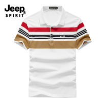 JEEP SPIRIT เสื้อโปโลผู้ชายขนาดใหญ่เสื้อโปโลปักลายทางแขนสั้นเสื้อยืดหลวมระบายอากาศได้ดีเสื้อโปโลแขนสั้นลายทางสำหรับเดินทาง