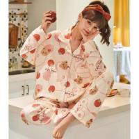 Spring Women Cute Pajamas Set Cartoon Soft Cotton Loungewear Turn-Down Collar Long-Sleeve Pants Sleepwear Girls Sweet Home SuitTH