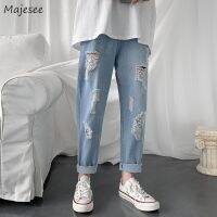 【CW】Men Jeans Plus Size 5XL Straight Loose Hole Ankle Length Elastic Waist Solid All-match Trendy Males Leisure Chic Baggy Vintage