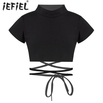 hot【DT】 Kids Cotton Round Neck Short Sleeve Jazz Hip Hop Performance Costume Sport Crop Top Sash Tie Waist