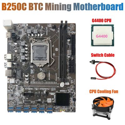 B250C Mining Motherboard with Cooling Fan+G4400 CPU+Switch Cable 12 PCIE to USB3.0 GPU Slot LGA1151 Support DDR4 RAM
