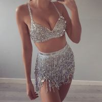 hot【DT】 s Sequined Tassel Belly Costume Jazz Pole Dancewear 2Pcs Crop Top And Skirt