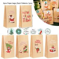 Merry Christmas Paper Bag With Stickers Santa Claus Fox Snowman Candy Cookie Pouch Party Gift Wrapping Supplies Gift Wrapping  Bags