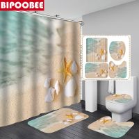 Summer Beach Ocean Landscape 3D Shower Curtain Waterproof Fabric Bathroom Curtains Starfish Shell Bath Mat Toilet Non Slip Rugs