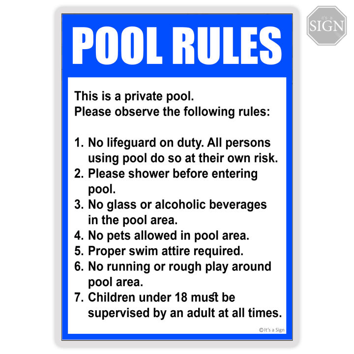 Pool Swimming Rules 1 Sign - Laminated Signage Label - A4 / A3 Size ...