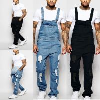 Mens Ripped Denim Overalls Fashion Full Length Suspender Pants Homme Jeans High Street Jumpsuit Distressed Casual Trousers