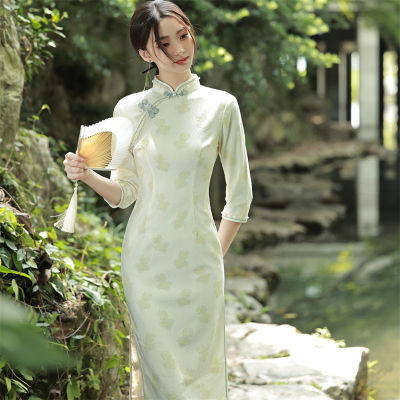 2022ชุดกี่เพ้าลูกปัดลูกไม้แขนกลางย้อนยุคปรับปรุงสไตล์สาธารณรัฐ Cheongsam