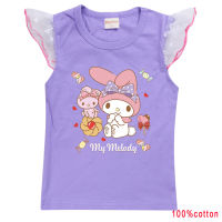 My Melody เสื้อยืดแขนกุดสำหรับเด็กผู้หญิงเสื้อกั๊กลูกไม้เสื้อท่อนบนเสื้อผ้าการ์ตูนฤดูร้อนเสื้อคอตตอนเสื้อยืดแขนลอย0000เด็ก