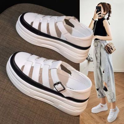 soft leather Roman sandals women 2023 summer new thick bottom hollow out platform shoes baotou recreational white shoe