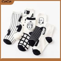 CUCU Funny Creative White Black Striped Casual High Hosiery Breathable Winter Warm Stocking Cotton Socks