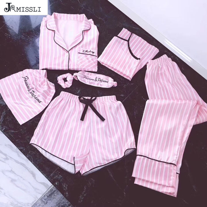 2021JRMISSLI pyjamas women 7 pieces Pink pajamas sets satin silk Sexy lingerie home wear sleepwear pyjamas set pijama woman