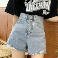 2022 New Denim Shorts Womens Summer Korean Version Students Ripped Holes High Waist Raw Edge Loose Thin All-Match Wide-Leg Hot Pants