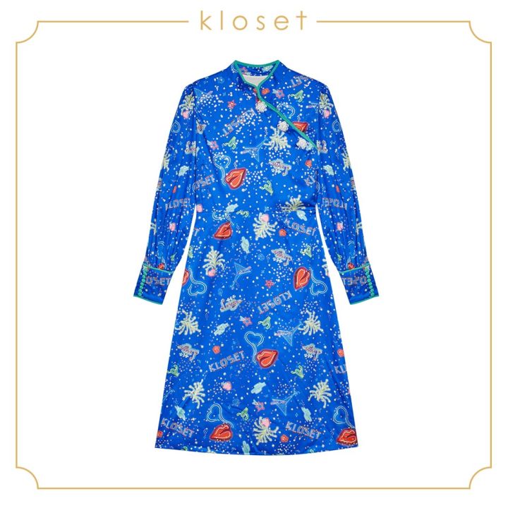 kloset-chi-chi-printed-midi-dress-ss19-d014-เดรสผู้หญิง-เสื้อผ้าผู้หญิง-เสื้อผ้าแฟชั่น-เดรสพิมพ์ลาย-เดรสคอจีน