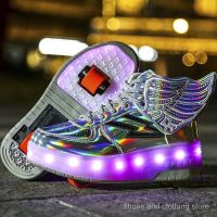 【hot sale】 ✜ C19 Wing shoes pulley sneakers double-wheeled Heelys parent-child roller skates charging LED shoes girls shoes size 28-40 wheel shoes GAOA