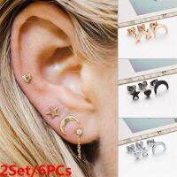 ZINCSTORE19E0 2ชุด/6ชิ้นชุด Anting Giwang เครื่องประดับดวงจันทร์ดาวหัวใจพังค์จิ๋วที่เรียบง่าย