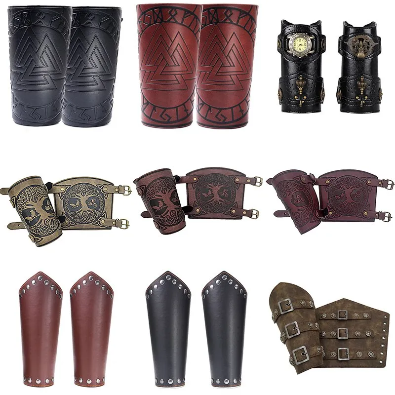 Ready Stock-1 Pair Nordic Viking Vegvisir Embossed Arm Bracers Medieval PU Leather  Arm Guards Viking Leather Bracers Cosplay Jewelry
