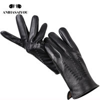 Simple New mens leather gloves,Sheepskin gloves male winter,Classic winter warm leather gloves men,Black winter gloves men-8001Y