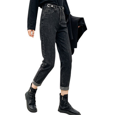 กางเกงกางเกงฮาเร็มขาตรงเก้าจุดทรงหลวมเข้ารูปสไตล์ญี่ปุ่นสำหรับผู้หญิงกางเกงยีนส์เอวสูงสูงสีดำ