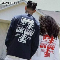 MAYCHEER   เสื้อสวมหัวแบบสวมหัวของผู้ชายเสื้ออันเดอร์เชิ้ตคอกลมเสื้อแขนยาวแนวสตรีทสไตล์ฮิปฮอปชุดคู่รักเสื้อแบบหลวมพิมพ์ลายภาพโมโนแกรม