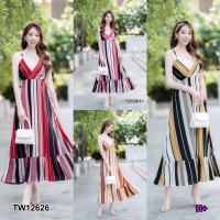 P12626 เดรสสายเดี่ยวยาวลายริ้วสลับสี + ผ้าโพกผม Long strapless dress with alternating color stripes + hair bandana