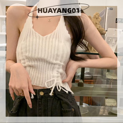 HUAYANG01 2023แฟชั่นใหม่ล่าสุดเสื้อสายเดี่ยวถักคล้องคอสุดเซ็กซี่สำหรับผู้หญิงเสื้อกล้ามมีเชือกผูกสีทึบแขนกุดสำหรับฤดูร้อน