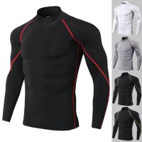 S-3XL Mens High Collar Fitness Long Sleeve Sports Running T-shirt Autumn and Winter Elastic Fast Dry Sportswear