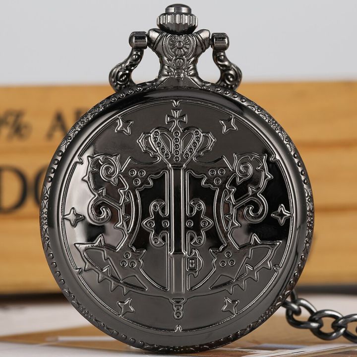 สร้อยรูปการ์ตูนญี่ปุ่นบัตเลอร์สีดำนาฬิกาพกอัลลอยเคสประณีตเลขโรมันแบบทนทานของขวัญที่เหมาะสมที่สุด