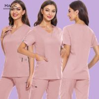 Scrub Tops Sanitary Uniform Pockets Short Sleeve Blouse V-neck Plus Size Healthcare Tunic Carer Workwear Spa Uniform nursing Shirt