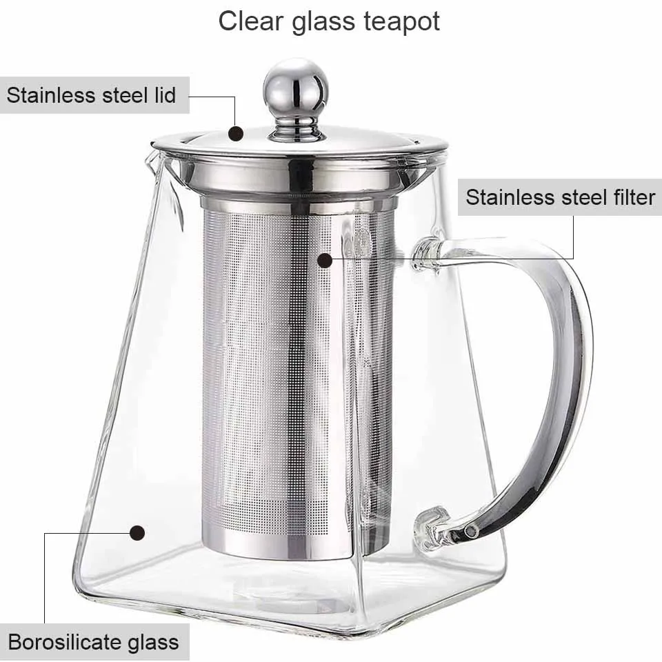 BORREY Square Heat Resistant Glass Teapot With Stainless Steel Infuser  Filter Puer Tea Kettle Clear Glass Tea Pot Cup Tea Sets - AliExpress