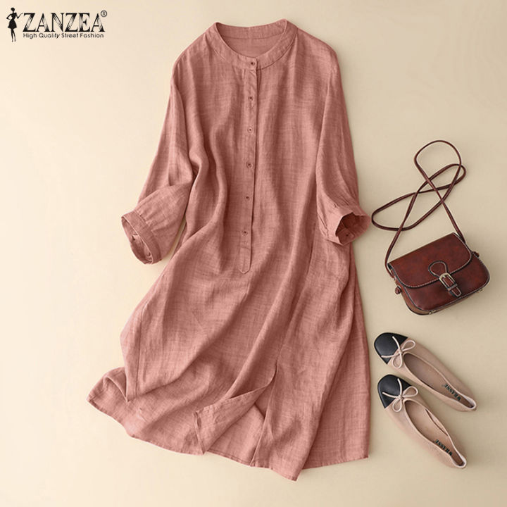 สินค้ามาใหม่-จัดส่งฟรี-เสื้อกระดุมหลวมลำลองผู้หญิง-fancystyle-zanzea-ชุดเดรส-ol-ทำงานชุดเดรสมิดีทึบ-2