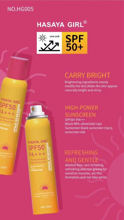 hasaya-girlspf-50-pa-สเปรกันแดด-กันน้ำuvปกป้องผิวด้วย-nbsp-ให้ผิสว่าง-ไม่กลัวแดด-ติดทน-กันน้ำ-กันเหงื่อ-ให้ผิสว่าง-ไม่กลัวแดด