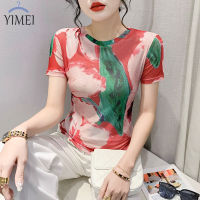 YIMEI เสื้อยืดผู้หญิงสวยๆ2023ฤดูร้อนเสื้อตาข่ายสัมผัสดีไซน์ใหม่แขนสั้นเข้ารูปพอดีคอกลมย้อนยุคกุหลาบเสื้อยืดพิมพ์ลาย