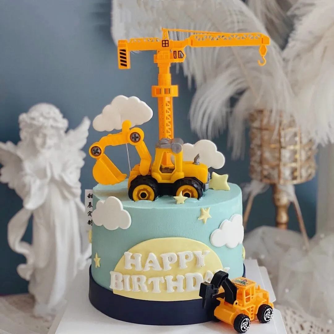 Boy Cartoon Excavator Birthday Cake Decoration Children's Engineering  Vehicle Dessert Table Bulldozer Toy Model | Lazada