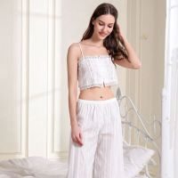 Women Sexy Crop-Top and Pant Cotton Nightwear White Sleepwear Summer Pajamas Set