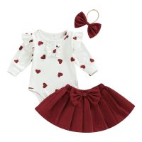 Infant Baby Girls Jumpsuits Set Valentines Day Heart Print Long Sleeves Romper and Casual Pleated Skirt Headband Outfit 0-18M  by Hs2023