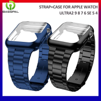 สายนาฬิกาโลหะพื้นฐาน + เคสสำหรับ Apple Watch เต็มชุด9 8 7 6 5 4 SE2 3สำหรับ I Watch Ultra 2 49มม. 45มม. 44มม. 40มม. 41มม. 38มม. 42มม. เหล็กกล้าไร้สนิมสายข้อมือโลหะเคสโทรศัพท์