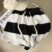 LING GAN KA NU สุภาพสตรีกางเกงขาสั้นสบายๆ  ฤดูร้อนใหม่เกาหลีรุ่นสูงเอว Slim Striped Drawstring ห้ากางเกงหลวมขากว้างกีฬากางเกงขาสั้น