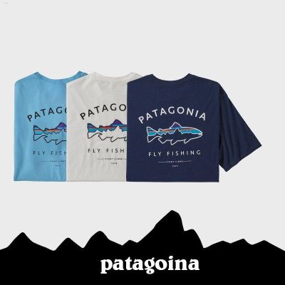 Patagonia/Patagonia เสื้อยืดแขนสั้นพิมพ์ลายฉลามปลาฉลามบินกลางแจ้งลำลองสำหรับทั้งหญิงและชายผ้าฝ้าย