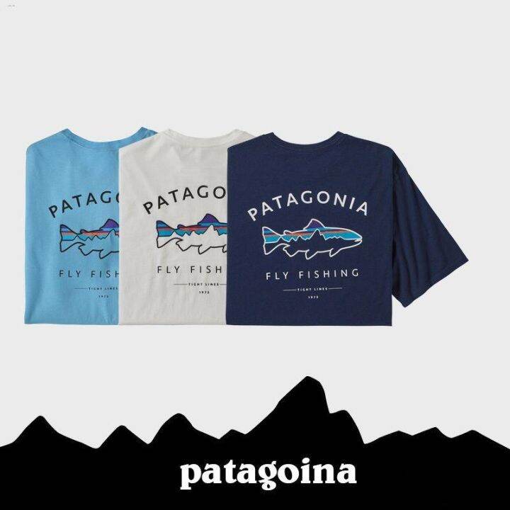 patagonia-patagonia-เสื้อยืดแขนสั้นพิมพ์ลายฉลามปลาฉลามบินกลางแจ้งลำลองสำหรับทั้งหญิงและชายผ้าฝ้าย