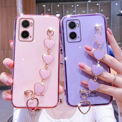 「Enjoy electronic」 Luxury Love Heart Wrist Chain Phone Case For OPPO A5 A9 A15 A16 A52 A53 A54 A72 A73 A74 A76 A93 A94 F17 F19 Plating Bumper Cover