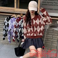 ❏ TOPQ-Female Knitted Coat Rhomboid Print Turn-Down Collar Long Sleeve Knitwear Blouse for Spring Fall