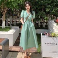 COD DSFGRDGHHHHH Puff Sleeve Dress Female Design Sense Niche Summer 2022 New Style French High-End Korean V-Neck Mid-Length Skirt ins