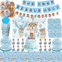 For 8 Guests Teddy Bear Disposable Tableware Set Baby Shower Blue Cute Bear Napkin Plate Cup We Can Bearly Wait Baby Baby shower