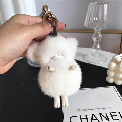 ❈ Trendy Lovely Mink Keychain Real Fur Cute Sleeping Sheep Pendant Metal Keyring Women Bag Ornament Toys Jewelry Trinket Gifts