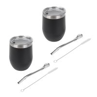 2X Double-Wall Stainless Yerba Gourd Mate Tea Set Water Mate Tea Cup with Lid Spoon Straw Black